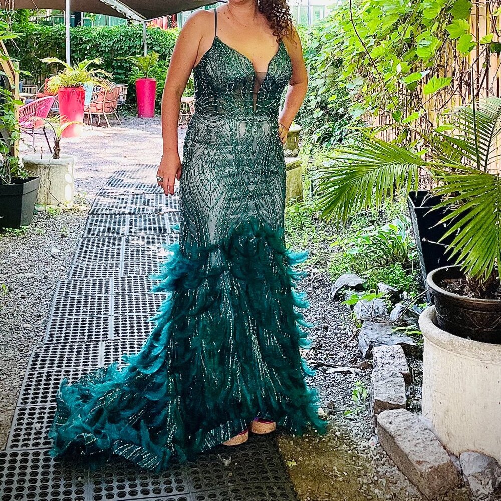 Emerald Sequin & Feather Gown Size 14, Worn Once - image 1